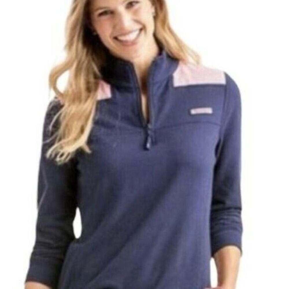 Vineyard Vines Shep Shirt Womens XS Navy Pink Oxford Stripe Quarter Zip
